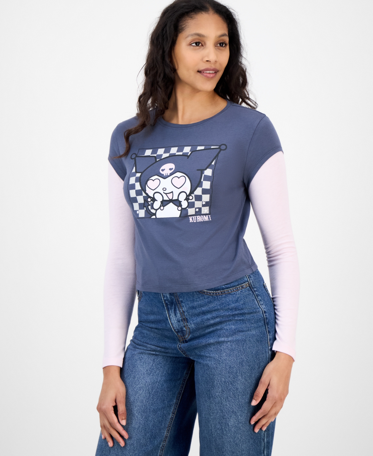 Juniors' Kuromi Long Sleeve Layered Tee - Gray