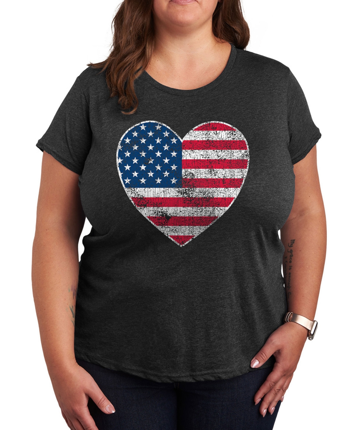 Hybrid Apparel Plus Size Americana Heart Flag Graphic Crew Neck T-shirt In Black