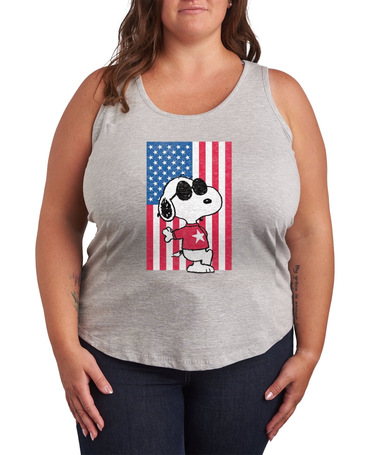 Plus Size Peanuts Snoopy Usa Flag Graphic Crew Neck Tank T-Shirt - Gray