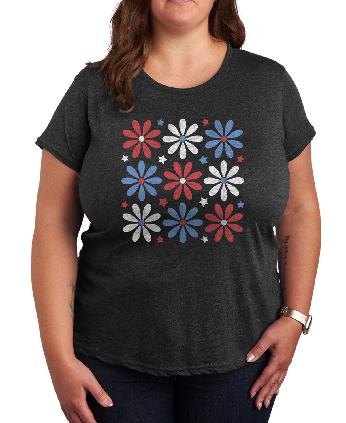 Plus Size Americana Flowers Graphic Crew Neck T-Shirt - Black