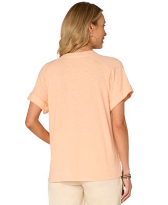 Petite Embroidered Roll-Cuff Scoop-Neck Top