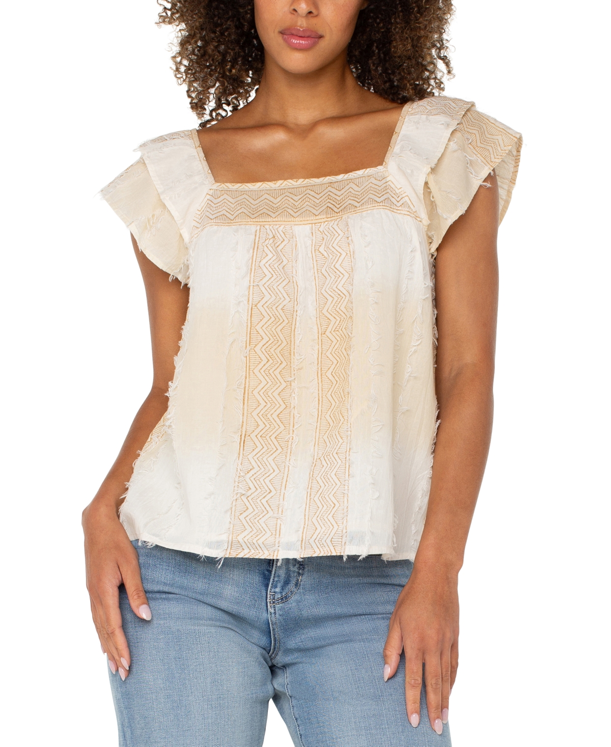 Liverpool Los Angeles Petite Cotton Frayed Square-neck Top In Neutral