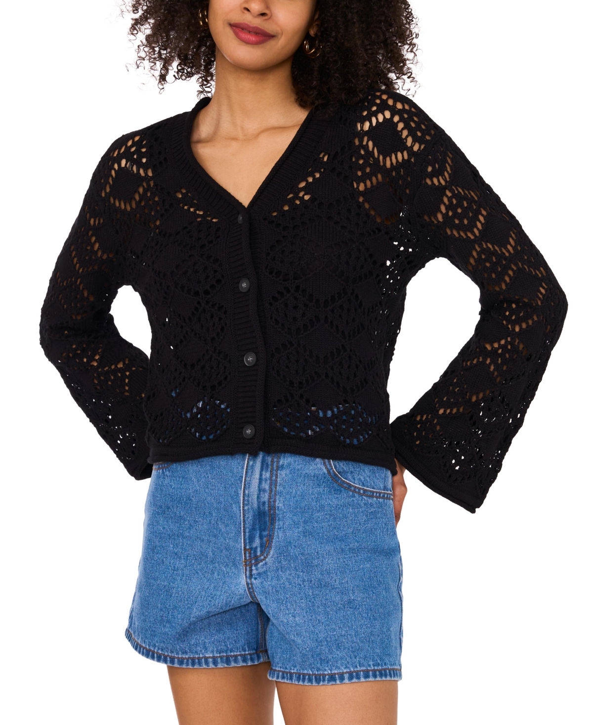 Vince Camuto Pointelle V Neck Long Sleeve Cardigan