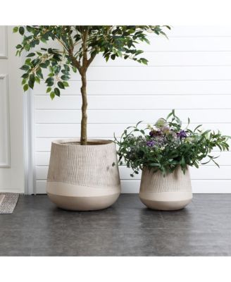 Blended Tan with Wood Pattern Round Tapered 11-Inch Tall MgO Planter, Indoor and Outdoor