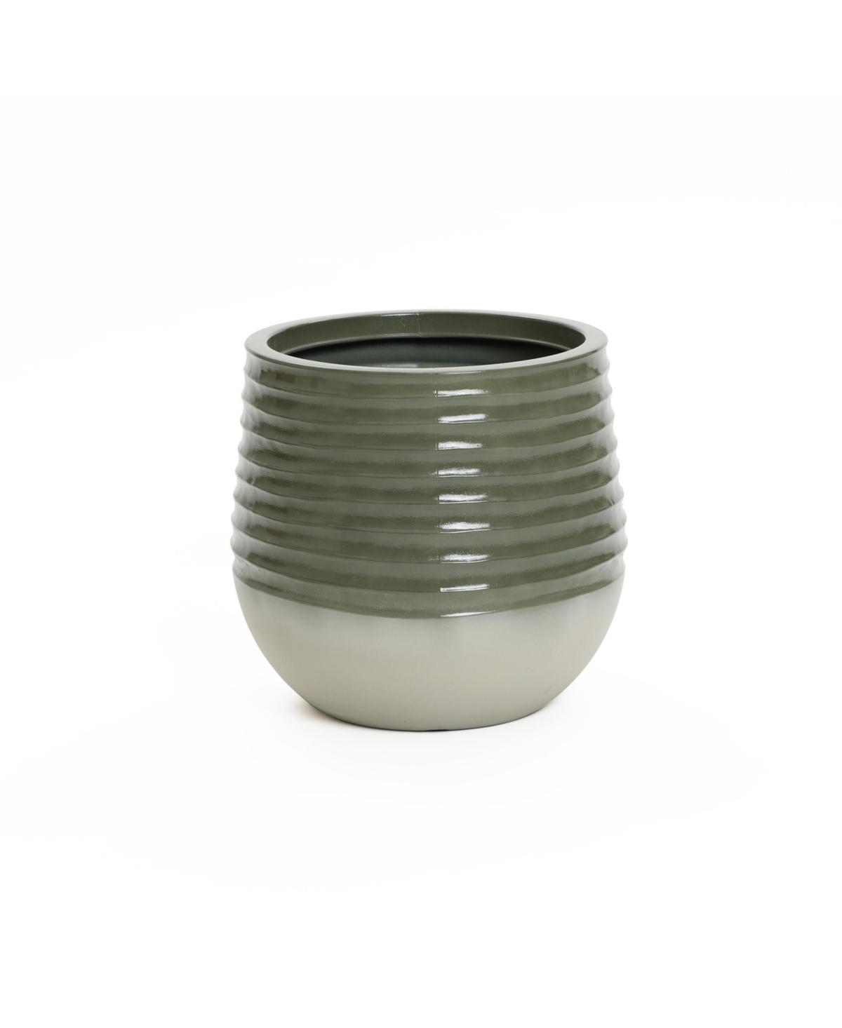 Emerald Ribbed Top with Ivory Bottom 14.6&#x22; Tall Resin Round Planter - Green and ivory