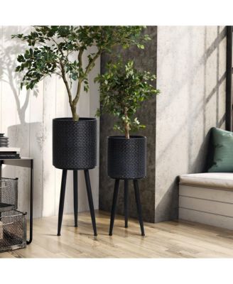 Set of 2 Black Dimpled Metal Cachepot Planters with Black Metal Legs