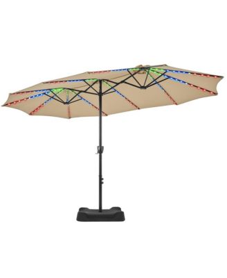 15 ft Patio Parasol with Multi-Mode LED Lights Strips and Base Stand, Tan
