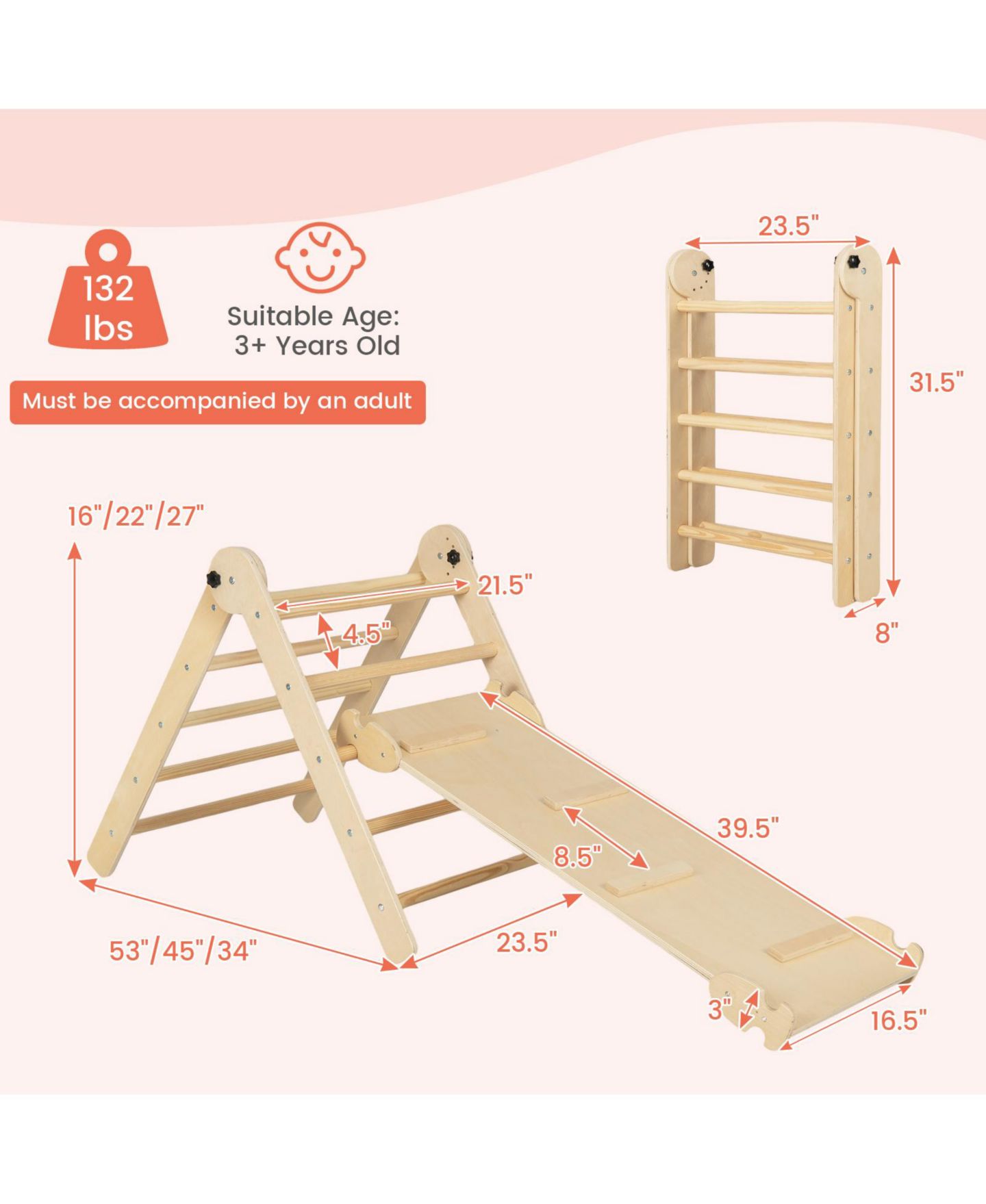 Детские игрушки Mecale 3-in-1 Climbing Set Wood Adjustable Foldable Triangle Set, Ages 3+, цвет: Натуральный — фото 3