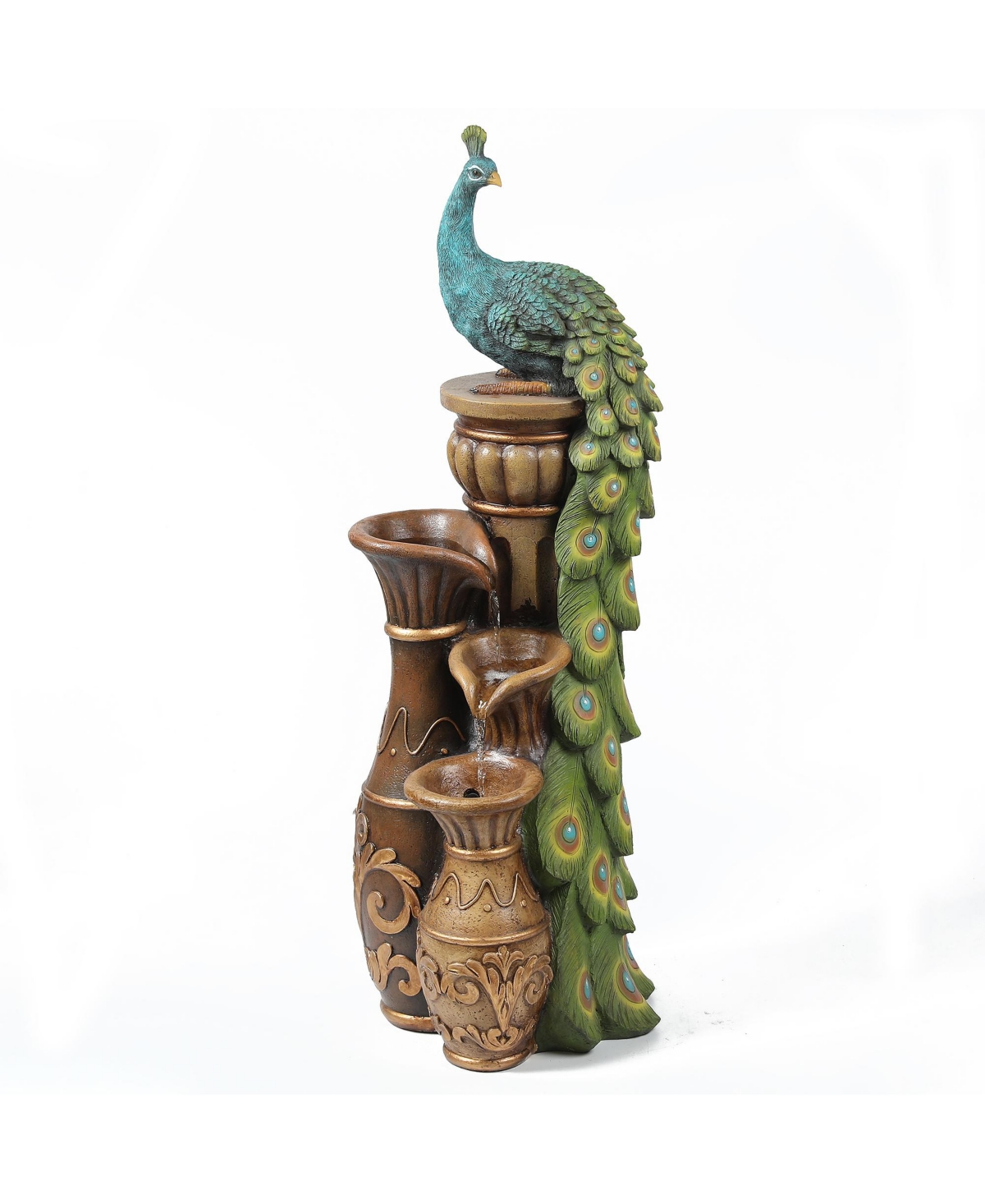 Resin Pedestal Peacock and Urns Outdoor Fountain - Multi color