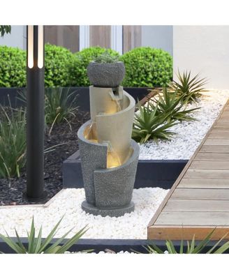 Gray Resin Cascading Spiral Outdoor Fountain with LED Lights