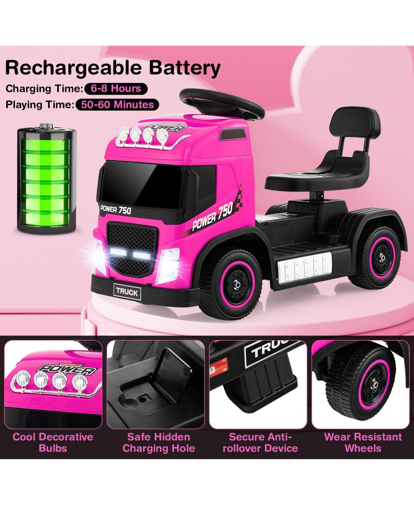 Детская игрушка Mecale 6V 2-in-1 Height-Adjustable Ride-On Truck, Ages 2-7, цвет: Розовый — фото 3