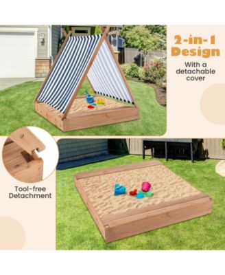 49 x 48 Inch Kids Wooden Sandbox with Cover and 2 Bench Seats
