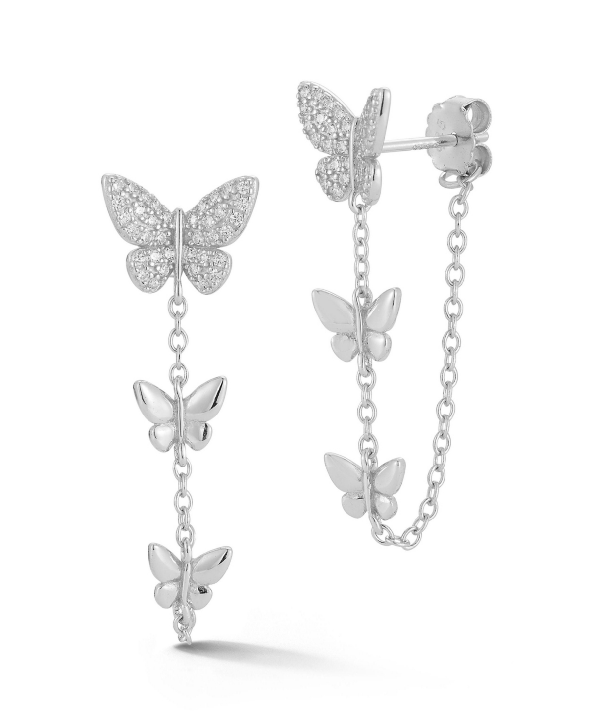 14K Gold Plated Sterling Silver Triple Butterfly Drop Front/Back Earrings - Gold