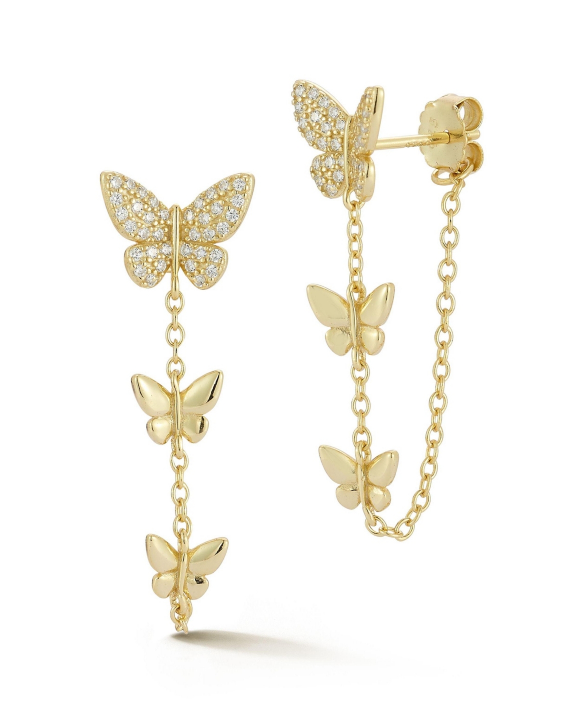 14K Gold Plated Sterling Silver Triple Butterfly Drop Front/Back Earrings - Gold