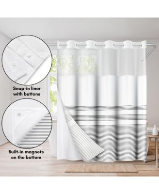 72x75 Hookless Shower Curtain - Grey Lines Shower Curtain with Sheer Panel, Snap-In Liner, and Grommets - 100% Polyester