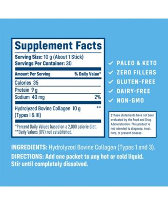 Collagen Peptides Protein Stick Packs - Hydrolyzed Type 1 & 3 Collagen Powder for Skin, Hair, Nails - 30 Servings