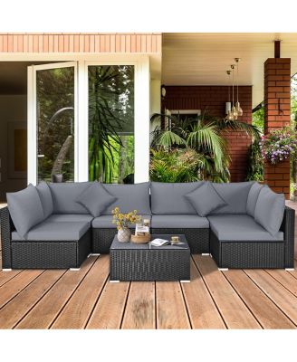 7 Pieces Sectional Wicker Furniture Sofa Set with Tempered Glass Top Coffee Table