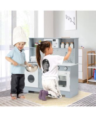 Pretend Play Kitchen Wooden Toy Set for Kids with Realistic Light and Sound