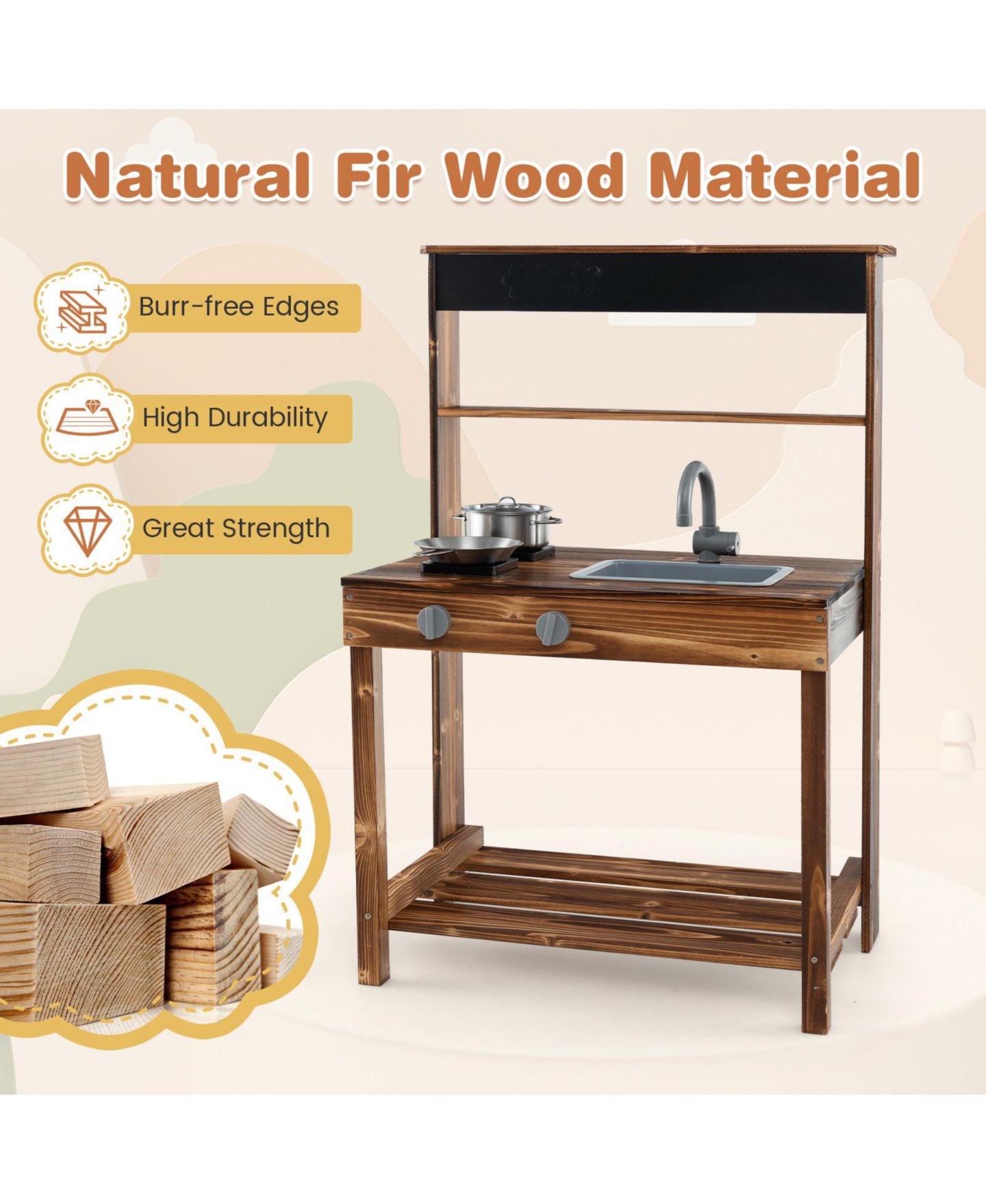 Детская игрушка Mecale Wooden Mud Kitchen with Rotatable Faucet, Ages 3+, цвет: Коричневый — фото 9