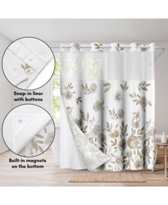 72x75 Hookless Shower Curtain - Floral Gold Grey Shower Curtain with Sheer Panel, Snap-In Liner, and Grommets - 100% Polyester