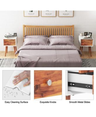 2PCS Wooden Nightstand Mid-Century End Side Table W/2 Storage Drawers