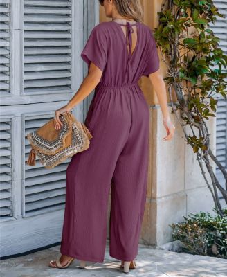 Women's V-Neck Short Sleeve Straight Leg Jumpsuit