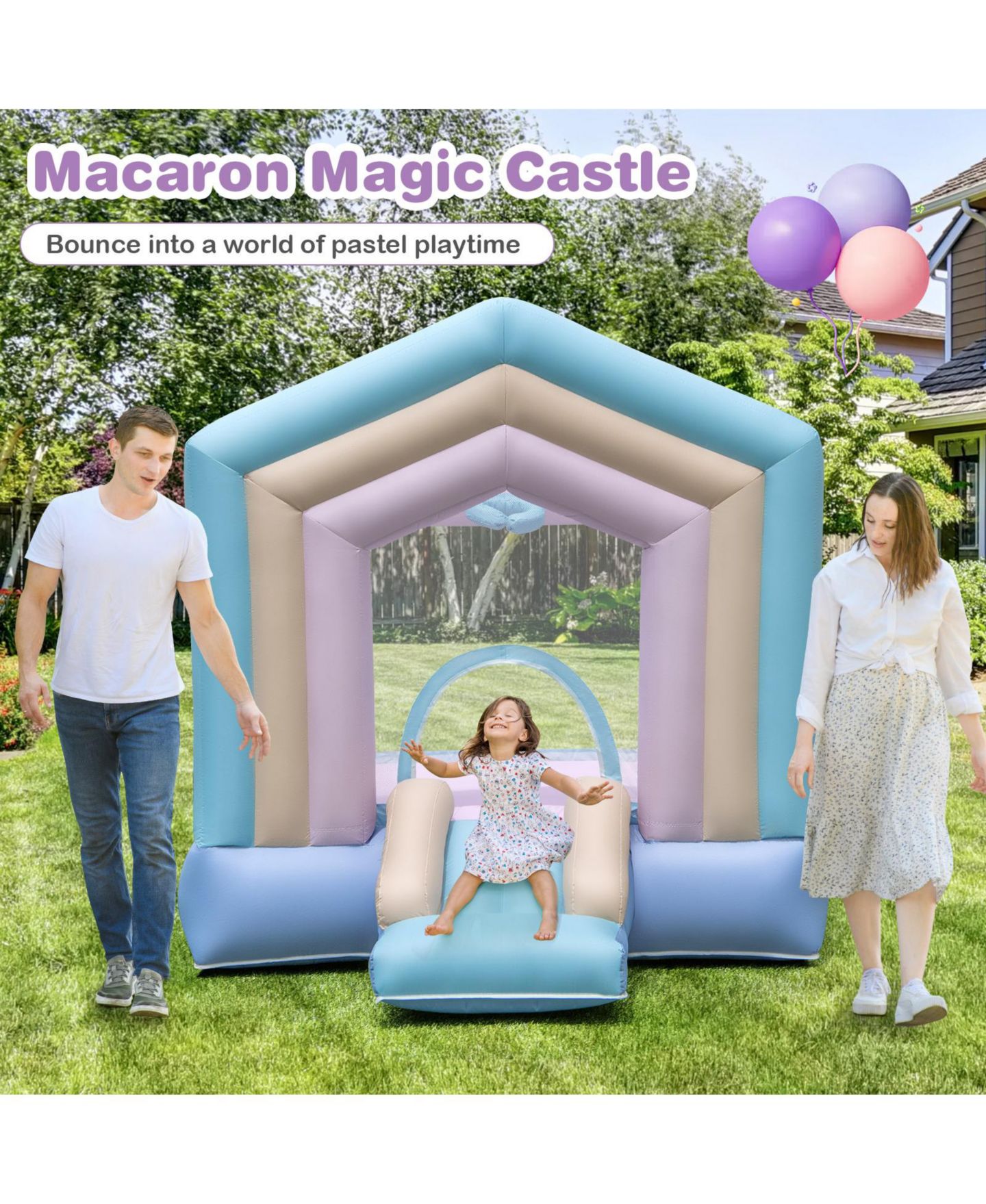 Детская игрушка Mecale Macaron 114.5"L x 79.5"W x 85"H PVC Bounce House with Basketball Rim and Slide, 130 lbs Weight Capacity, Ages 3-10, цвет: Синий — фото 3