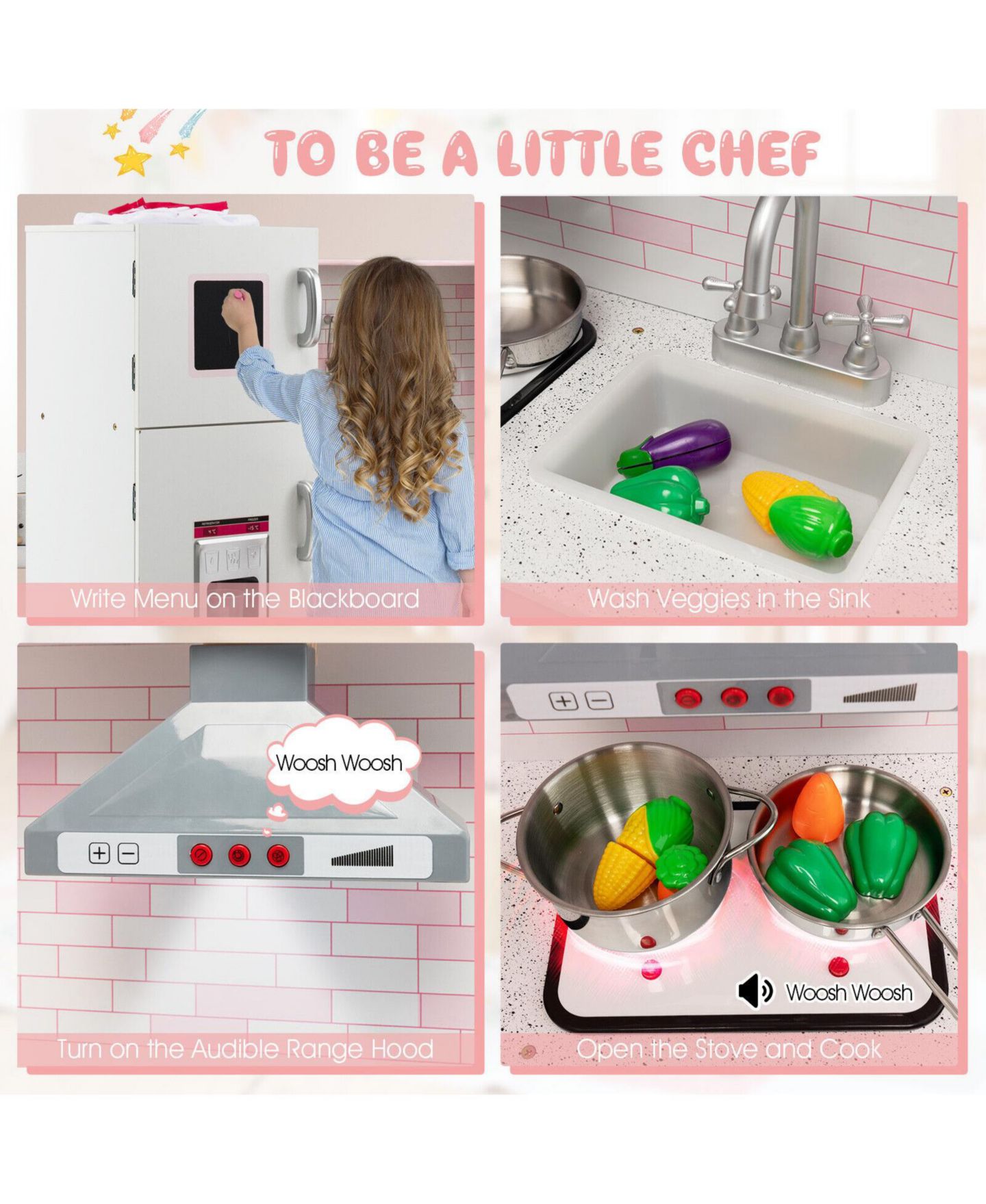 Детские игрушки Mecale Corner Play Kitchen Wooden Toy Set with Sound and Light, цвет: Розовый — фото 5