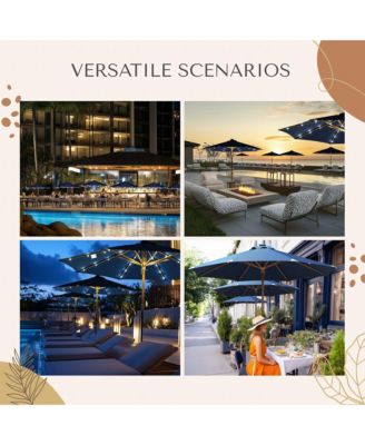 Boho 32 LED 9Ft Wood Market Patio Umbrella with Solar Lights for Bar Hotel Resort Alfresco Dining Rooftop Restauran Navy Blue