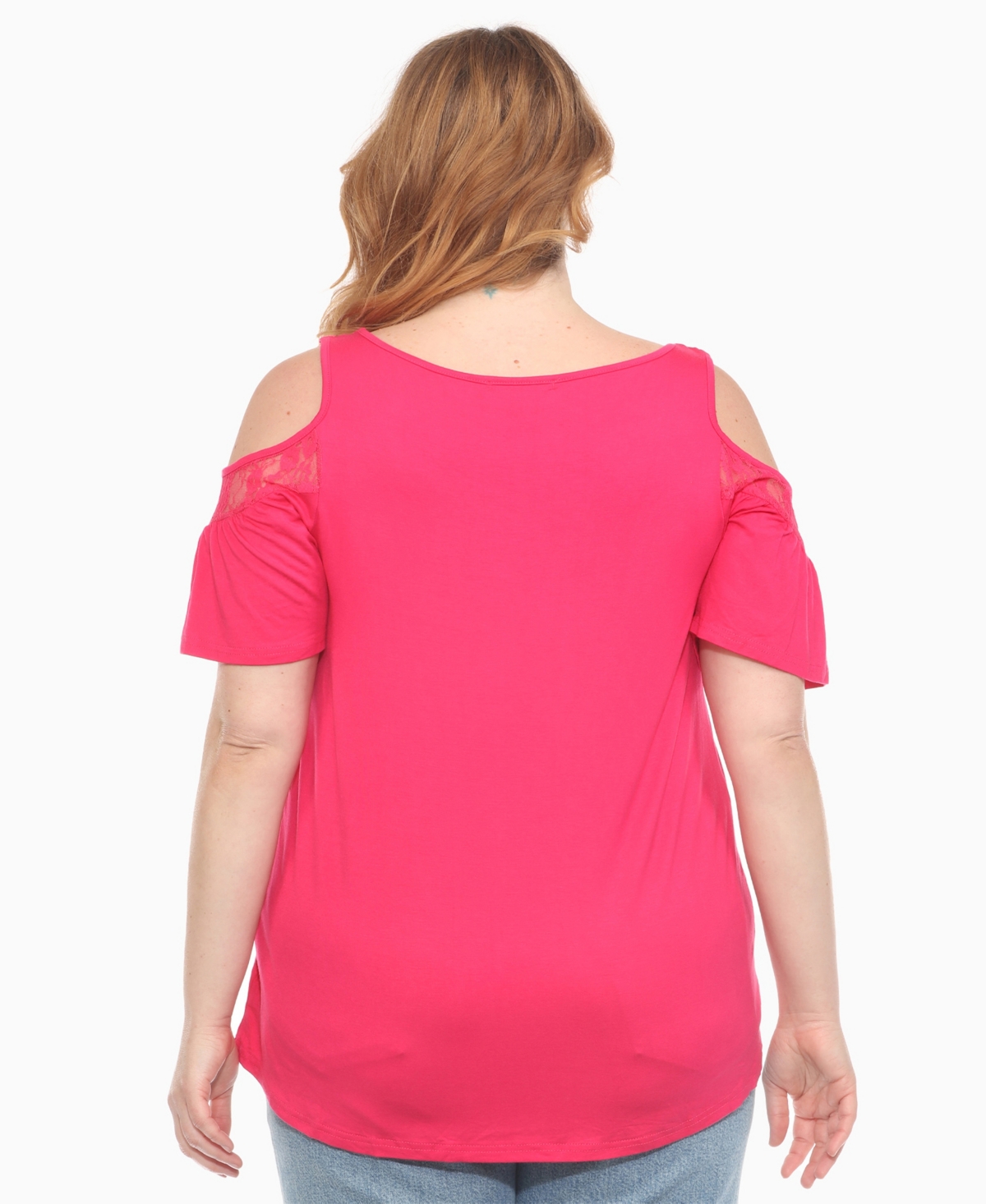 White Mark Plus Size Cold Shoulder Lace Trim Knit Top