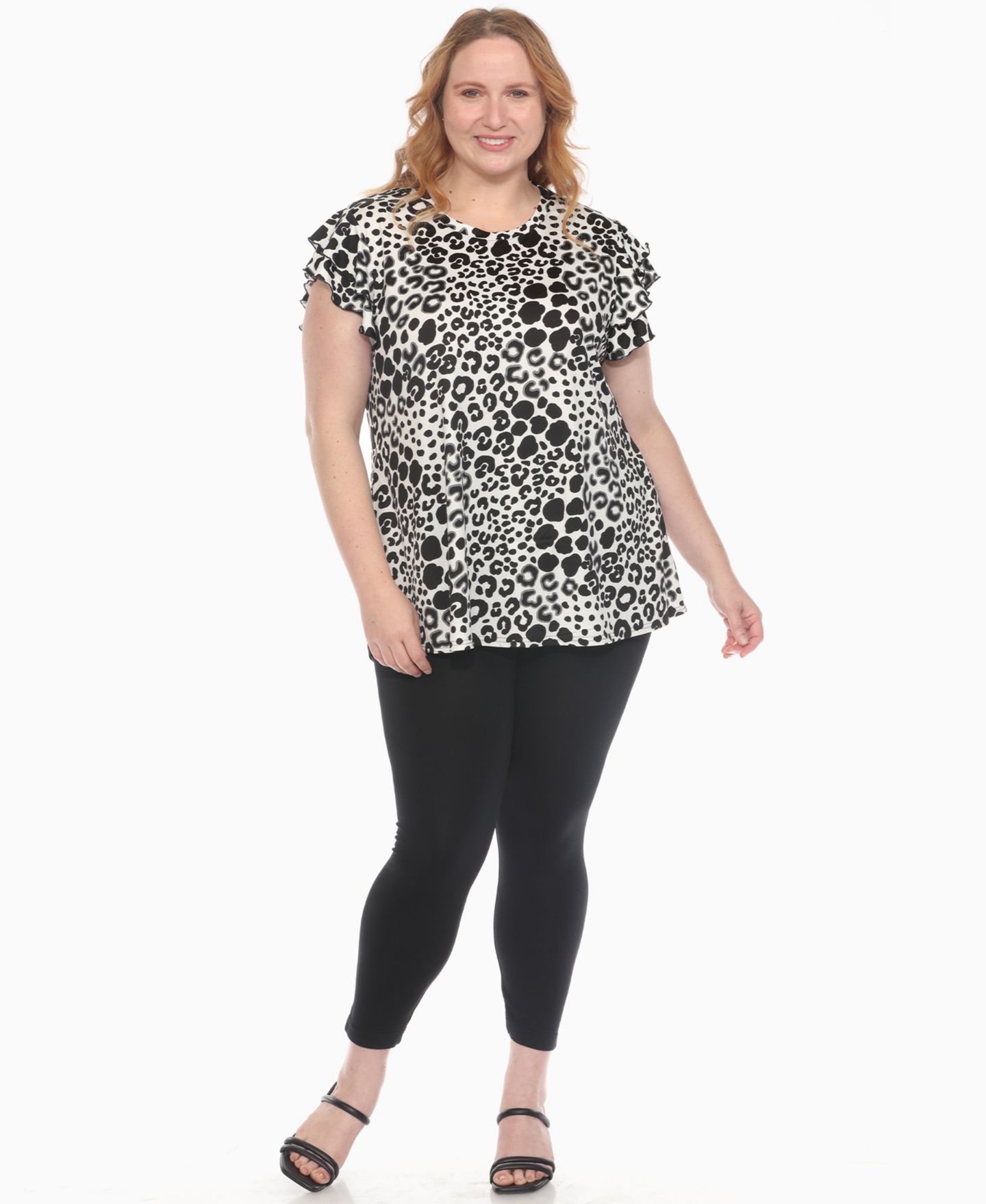 Женский топ White Mark Plus Size Bold Leopard Print Ruffle Sleeve, цвет: Чёрный — фото 2