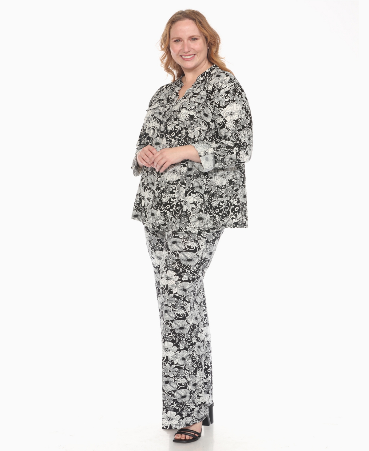 WHITE MARK PLUS SIZE 2-PIECE FLORAL PRINT TUNIC TOP AND PANTS SET 