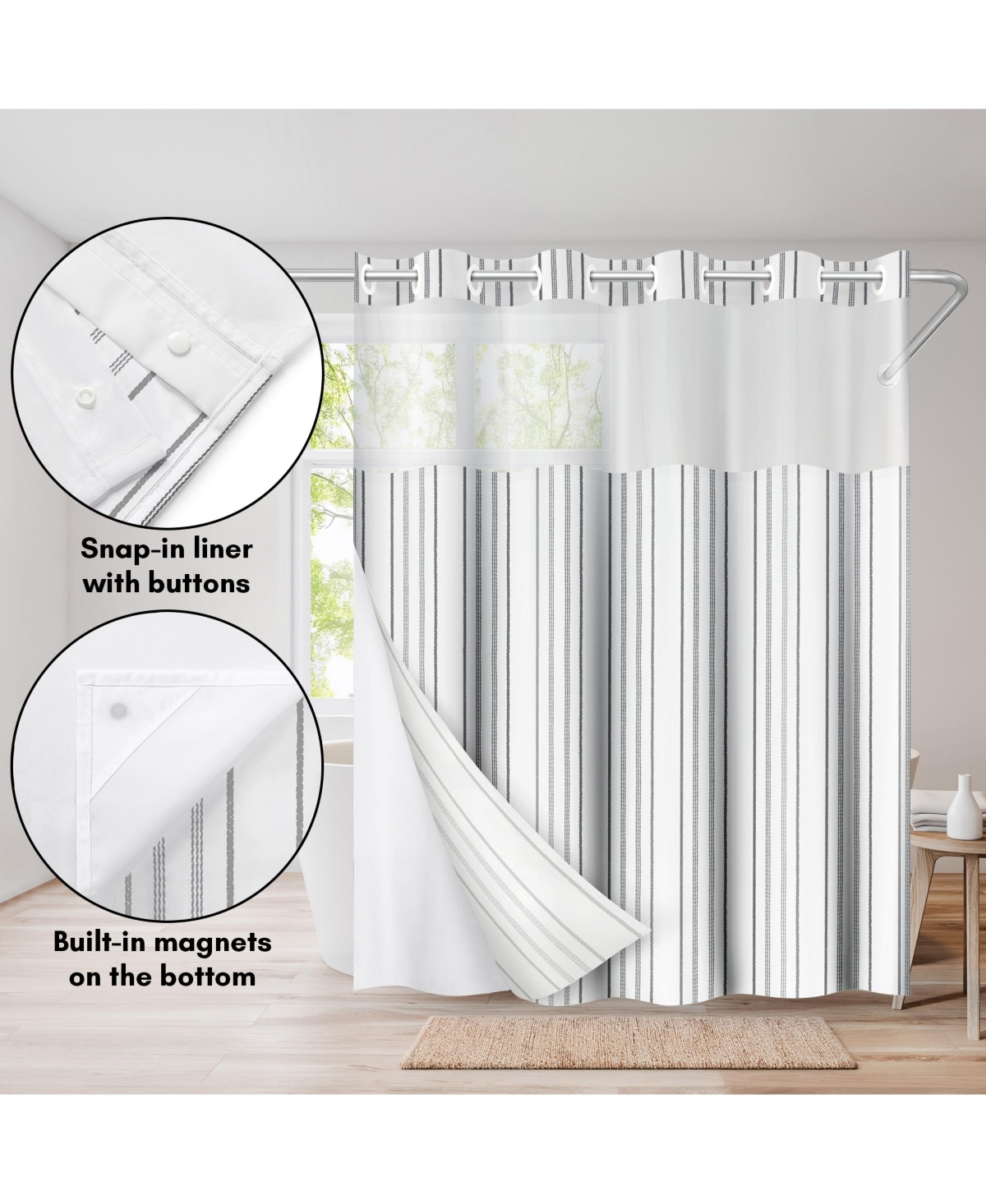Americanflat 72x75 Hookless Shower Curtain - Grey Abstract Lines Shower Curtain with Sheer Panel, Snap-In Liner, and Grommets