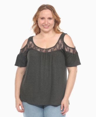Plus Size Cold Shoulder Lace Trim Knit Top