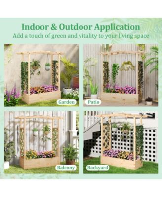 Wooden Raised Garden Bed Planter Box with Trellis and Hanging Roof