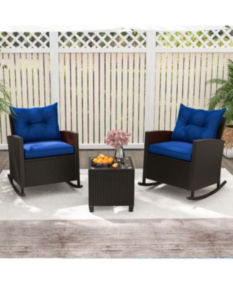 3-Piece Patio Rattan Roker Chairs with Tempered Glass Table and Soft Cushions