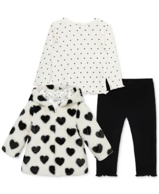Little Me - Baby Girls Hearts Faux-Fur Jacket, T-Shirt & Pants, 3 Piece Set