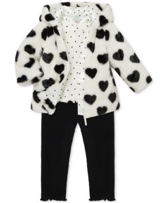 Baby Girls Hearts Faux-Fur Jacket, T-Shirt & Pants, 3 Piece Set