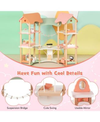 3-Tier Wooden Dollhouse for Kids Aged 3-8 Years Old with 32 Pieces of Accessories