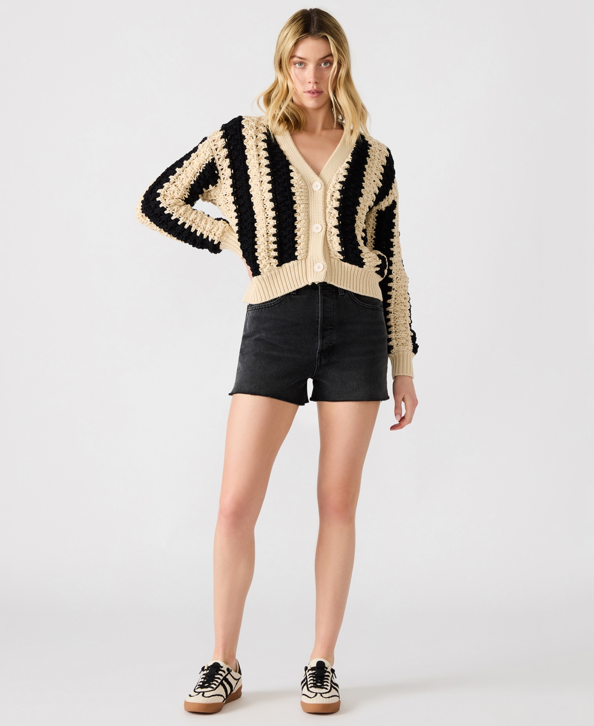 Steve Madden Women's Lucas Striped Knit Button-front Cardigan In Black
