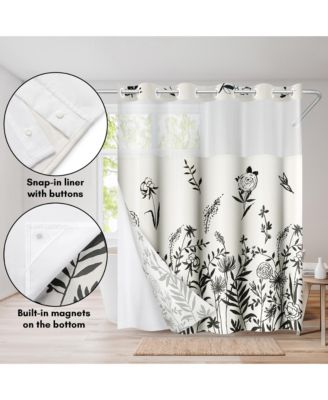 72x75 Hookless Shower Curtain - Floral Cream and Black Shower Curtain with Sheer Panel, Snap-In Liner, and Grommets - 100% Polyester