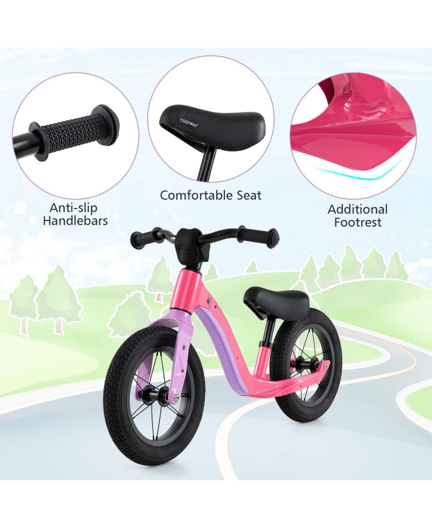 Детская игрушка Mecale 12-Inch Adjustable-Seat Rotatable-Handlebar Balance Bike, Ages 3+, цвет: Розовый — фото 9