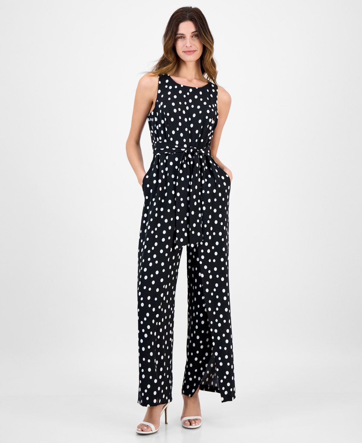 Women's Printed Tie-Waist Sleeveless Jumpsuit - Blk