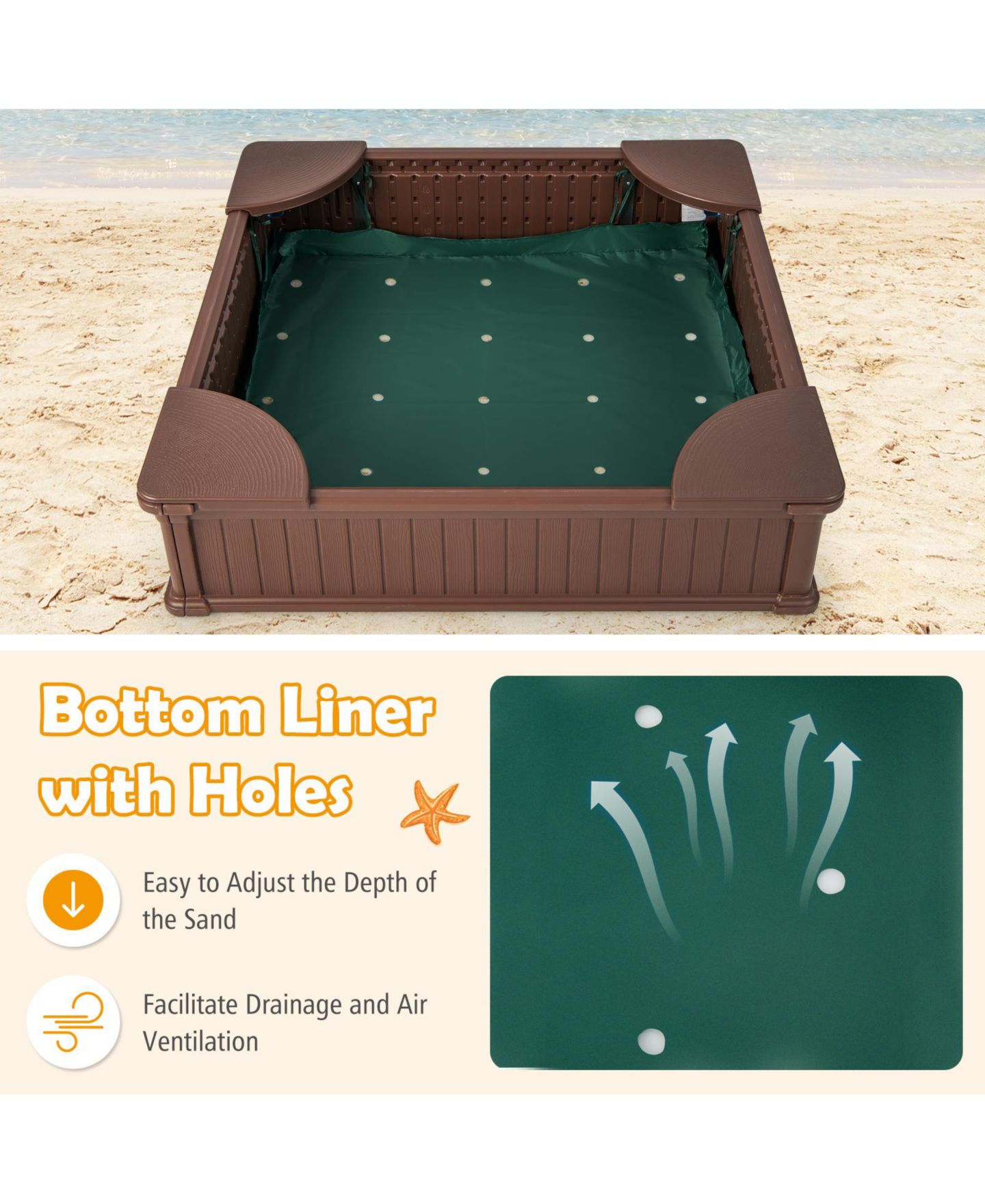 Детская игрушка Mecale Kids Outdoor Sandbox with Oxford Cover and 4 Corner Seats, цвет: Коричневый — фото 6