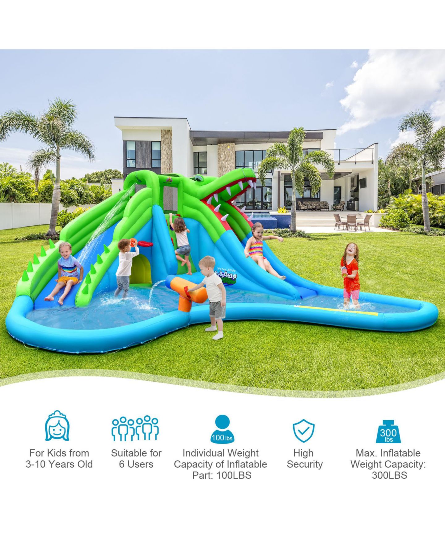 Детская игрушка Mecale Inflatable Crocodile Style Water Slide Upgraded Kids Bounce Castle with 680W Blower, цвет: Синий — фото 7
