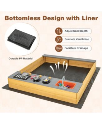 Wooden Sandbox Kids Sand Pit with Kitchen Playset Accessories for 3-8 Years Old