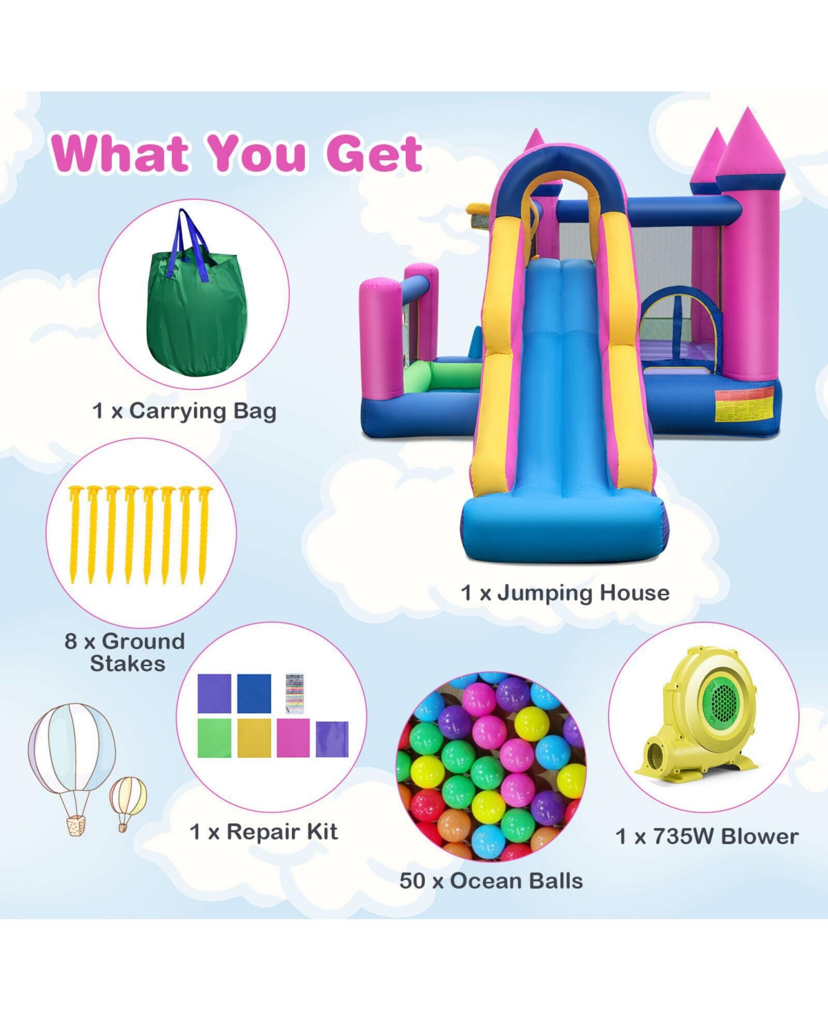 7-in-1 Kids Inflatable Bounce House with Long Slide and 735W Blower
