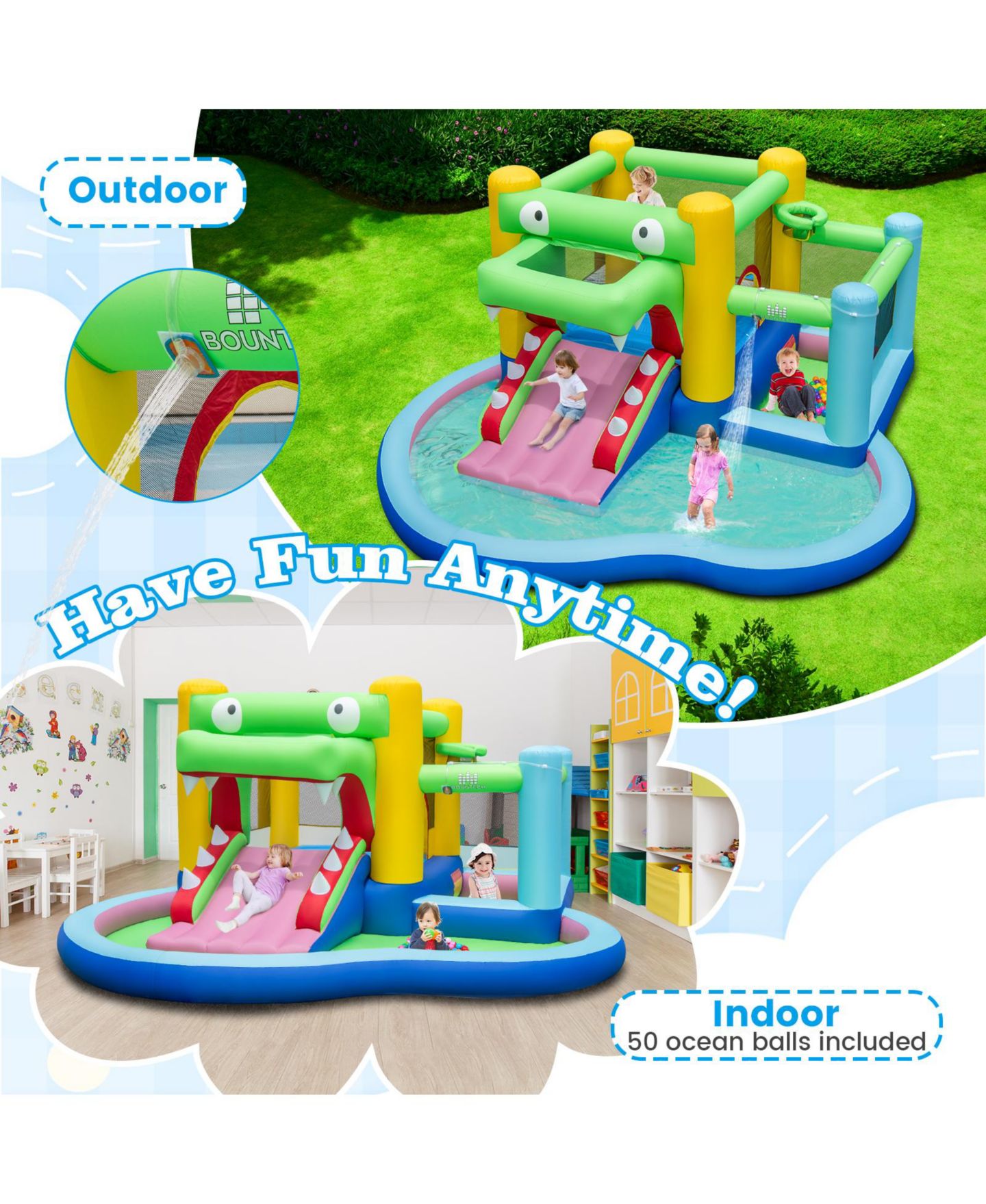 Детская игрушка Mecale Crocodile 5-in-1 Inflatable Bounce House with Slide, Splash Pool & Basketball Hoop, Ages 3+, цвет: Синий — фото 4
