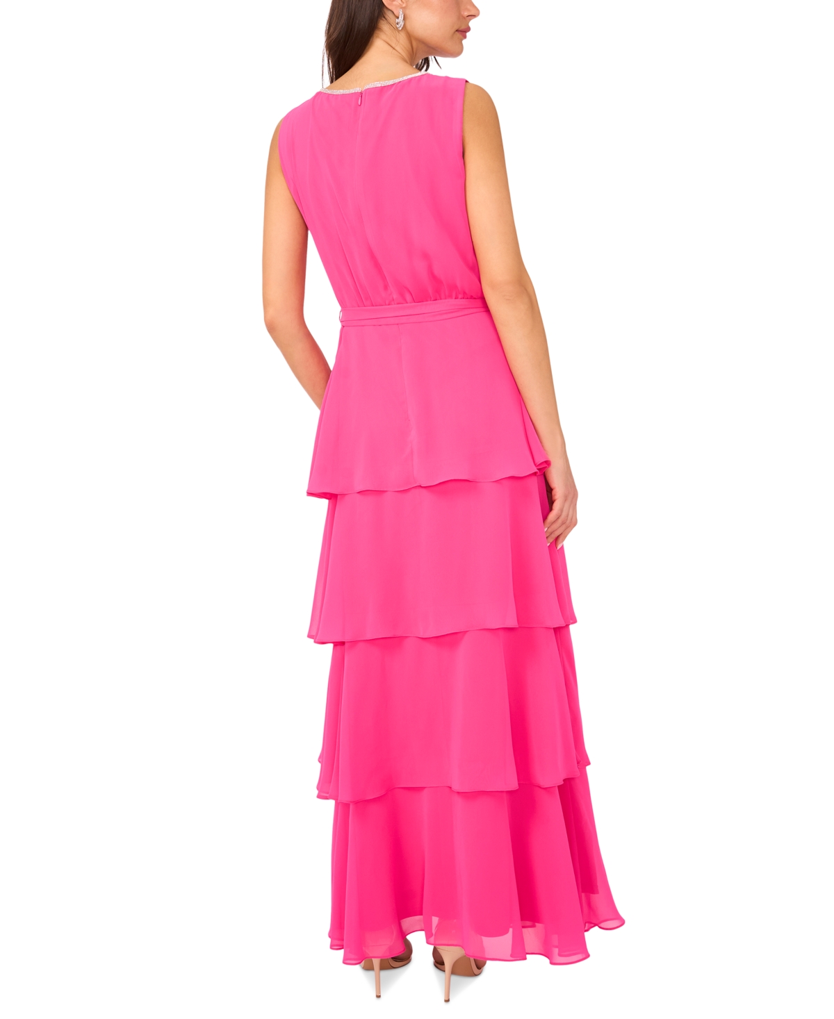 Msk Women's Keyhole-neck Sleeveless Tiered Chiffon Gown