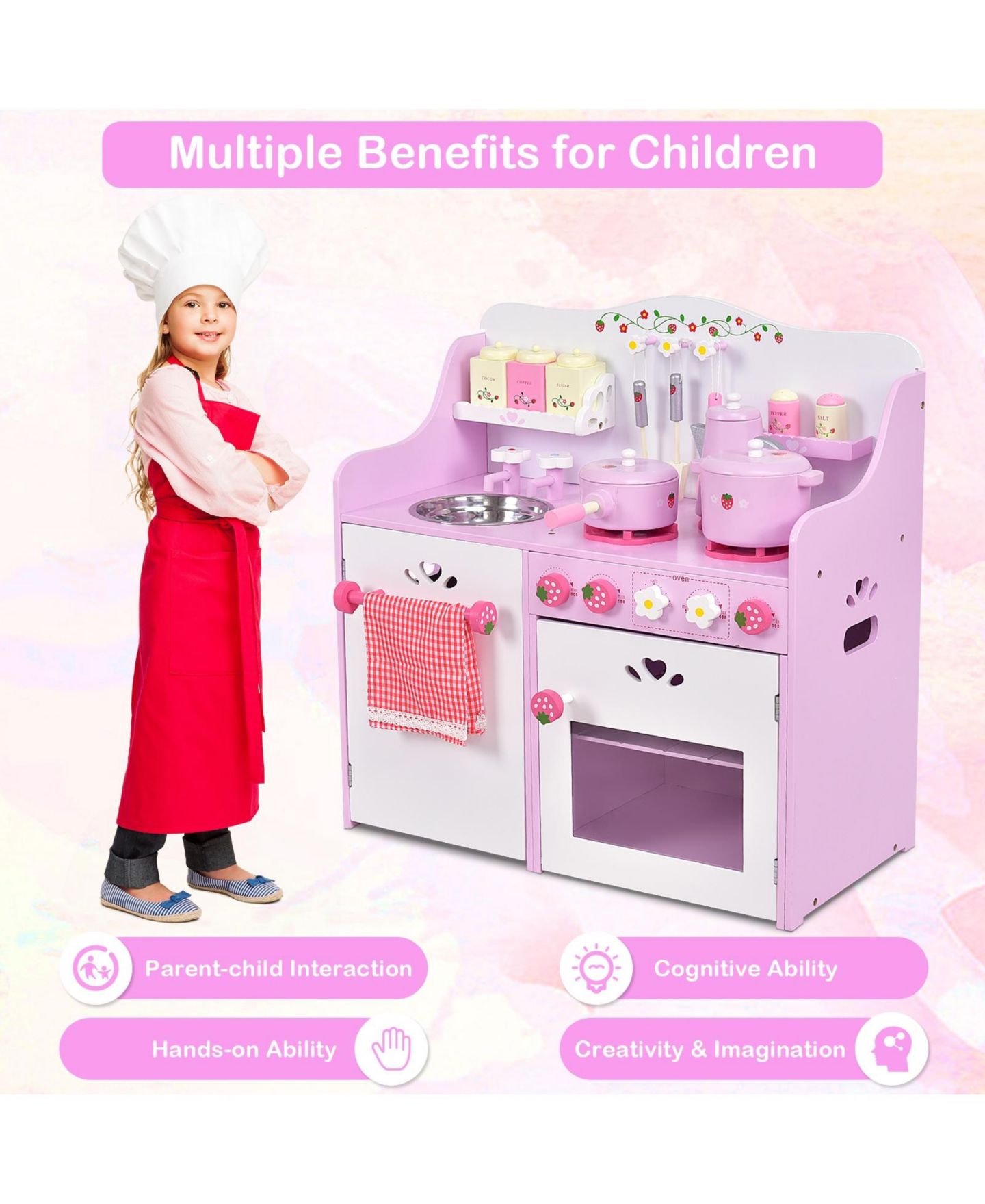 Детский игровой набор Mecale Strawberry Wooden Play Kitchen Playset, Ages 3+, цвет: Розовый — фото 5